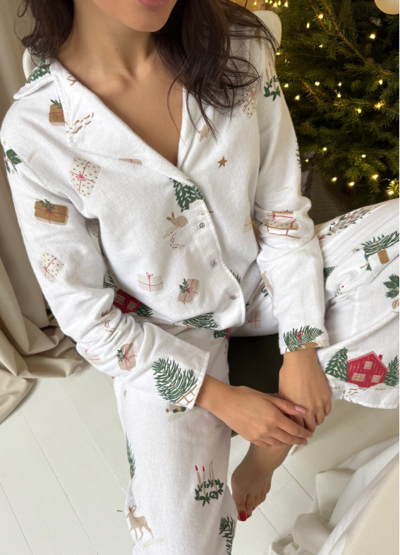 Новорічна, піжама з сорочкою і штанами, біла00-00005122-k