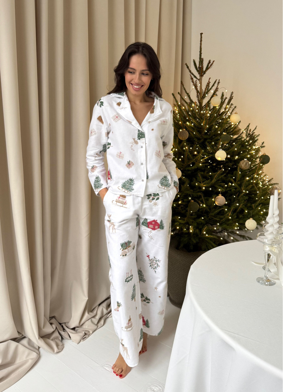 Жіноча піжама Новорічна бавовняна, з сорочкою та штанами, біла00-00005122-k3