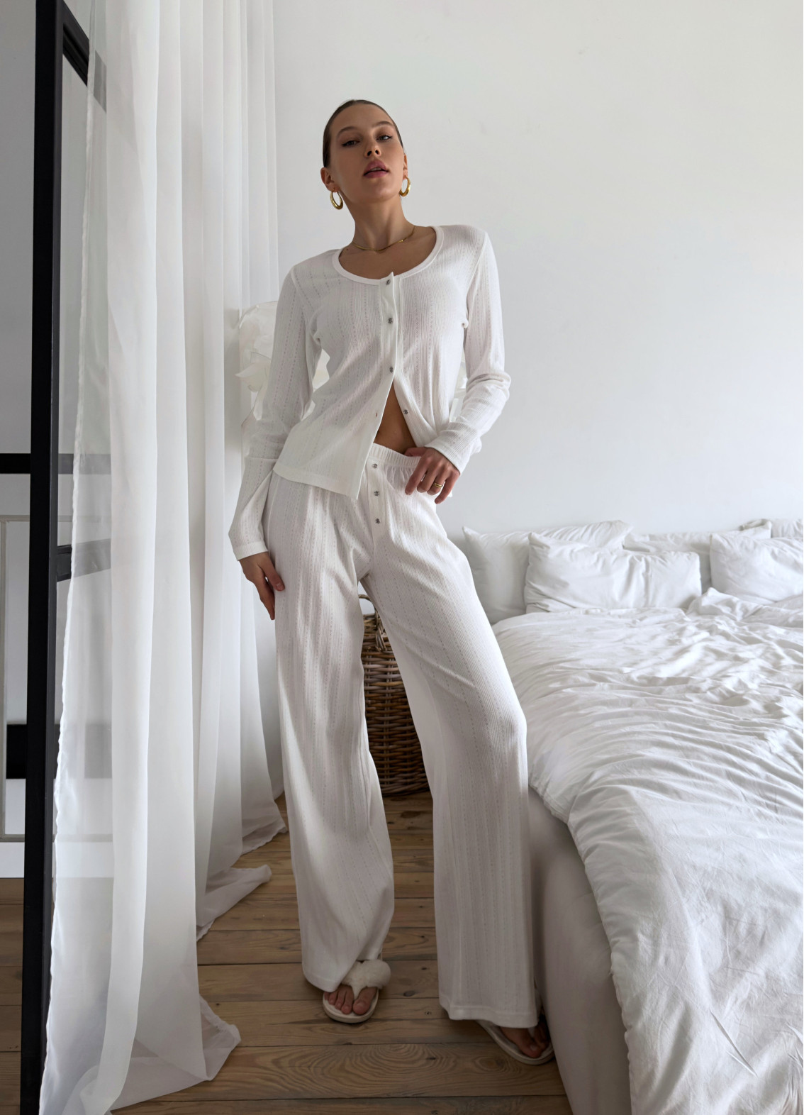 Жіноча піжама Вілена сорочка довгий рукав, молочна00-00005124-k4