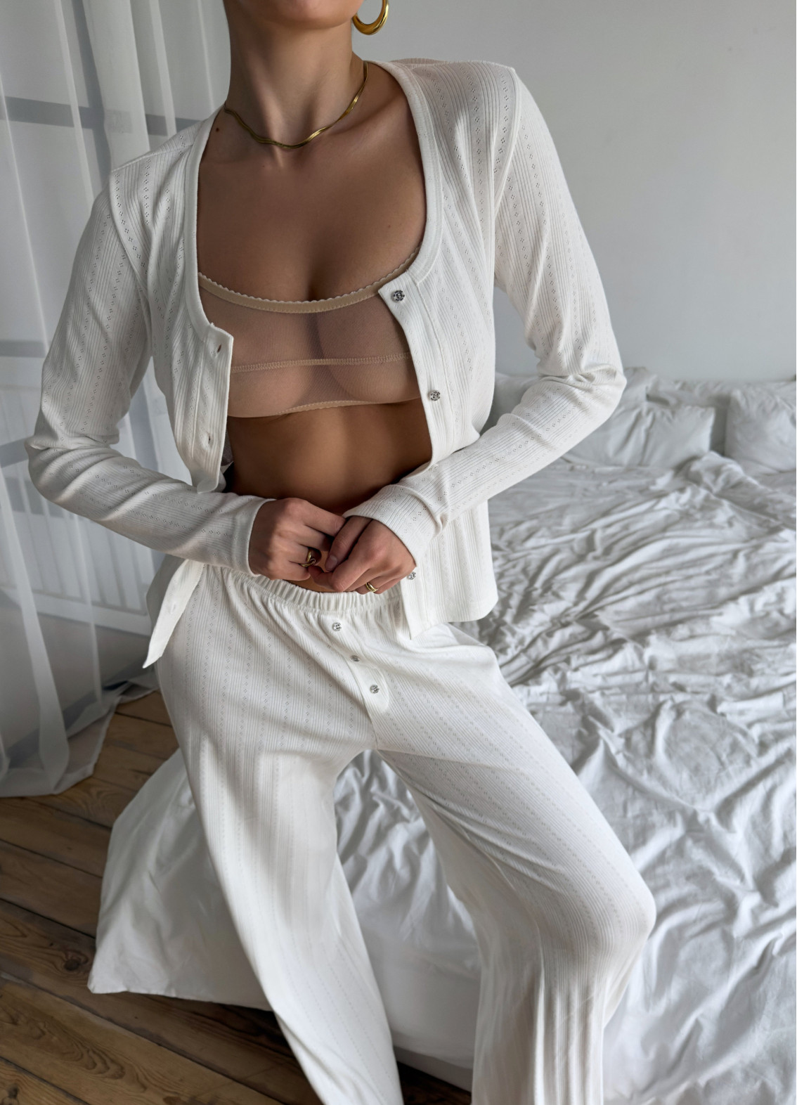 Жіноча піжама Вілена сорочка довгий рукав, молочна00-00005124-k3