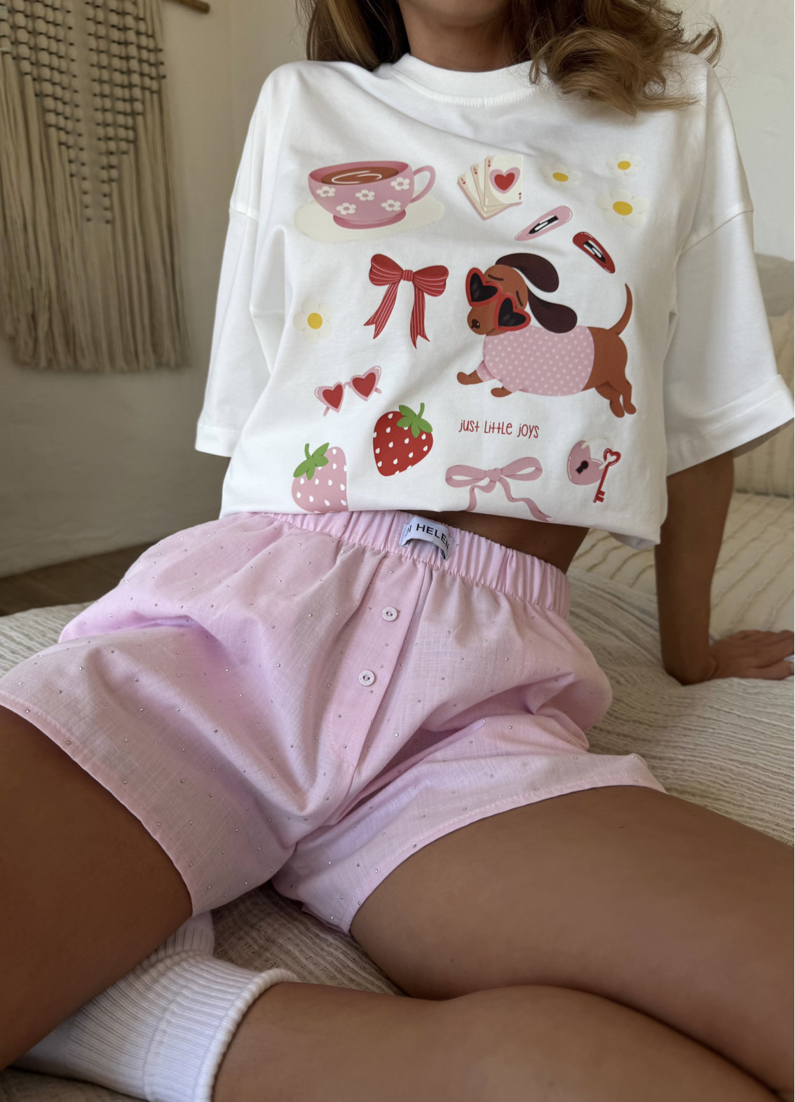 Жіноча піжамка з шортиками зі стразами Little joys, різнокольорова00-00005550-k-16