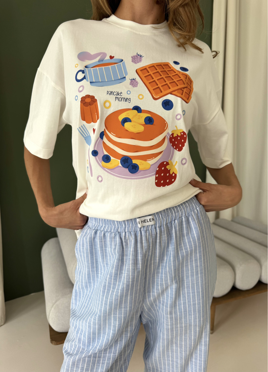 Жіноча піжамка зі штанами Pancake morning, різнокольорова00-00005692-k-16