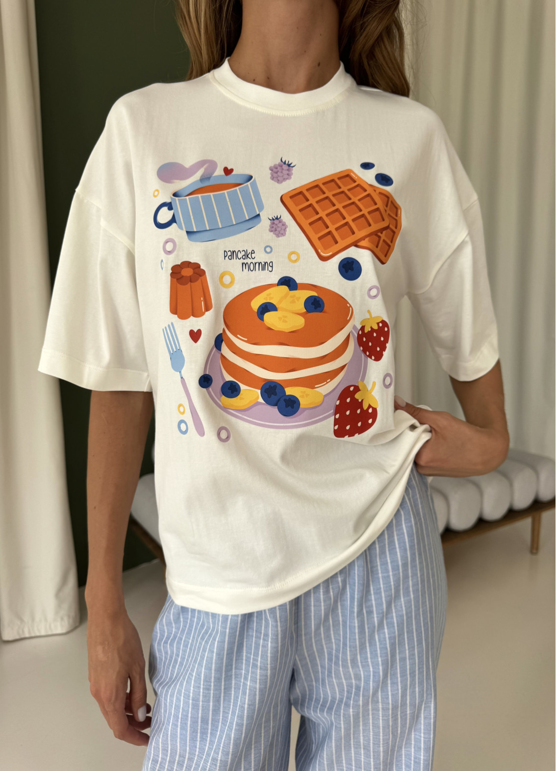 Жіноча піжамка зі штанами Pancake morning, різнокольорова00-00005692-k-11