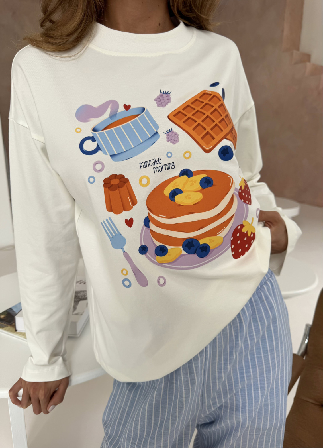 Жіноча піжама з лонгом Morning pancake, різнокольорова00-00005741-k3