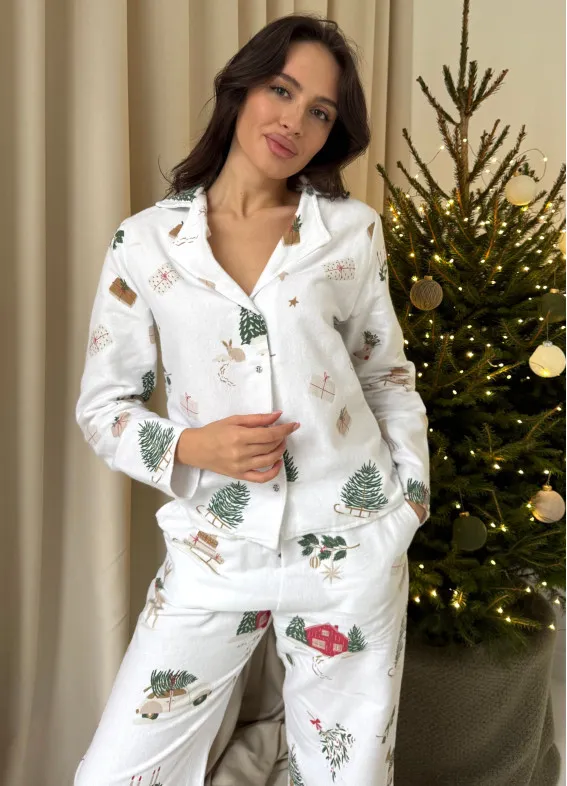 Новорічна, піжама з сорочкою і штанами, біла00-00005122-k